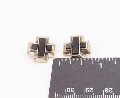 925 Sterling Silver Vintage Earrings Onyx Inlay Plus Sign Clip Back  EG13542