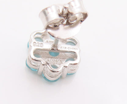 925 Sterling Silver Vintage Earrings Round Blue CZ Beaded Flower  EG12999