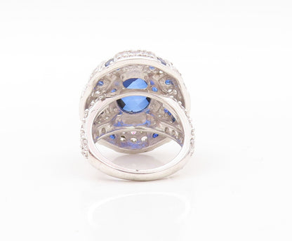925 Sterling Silver Vintage Ring Designer Oval Sapphire & CZ Inlay Sz 7  RG30783