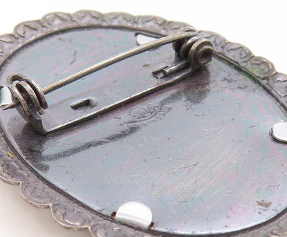 925 Sterling Silver Vintage Brooch Pin ENGLAND Flowers Enameled Carved BP11330