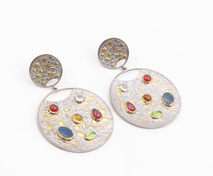 14k Gold & 925 Sterling Silver Vintage Earrings Real Gemstone Discs  EG14226