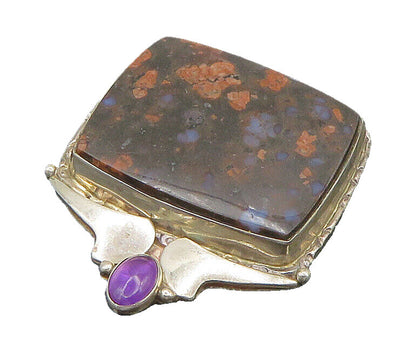 925 Sterling Silver  Vintage Jasper & Amethyst Square Brooch Pin  BP9491