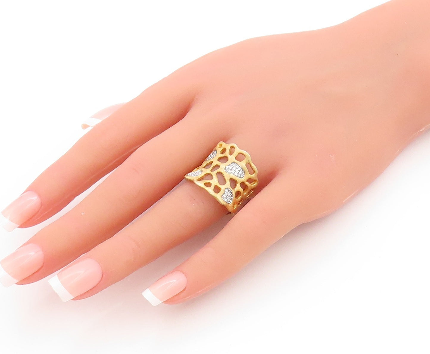 925 Sterling Silver Vintage Ring Gold Plated CZ Open Work Band  Sz 7  RG33721