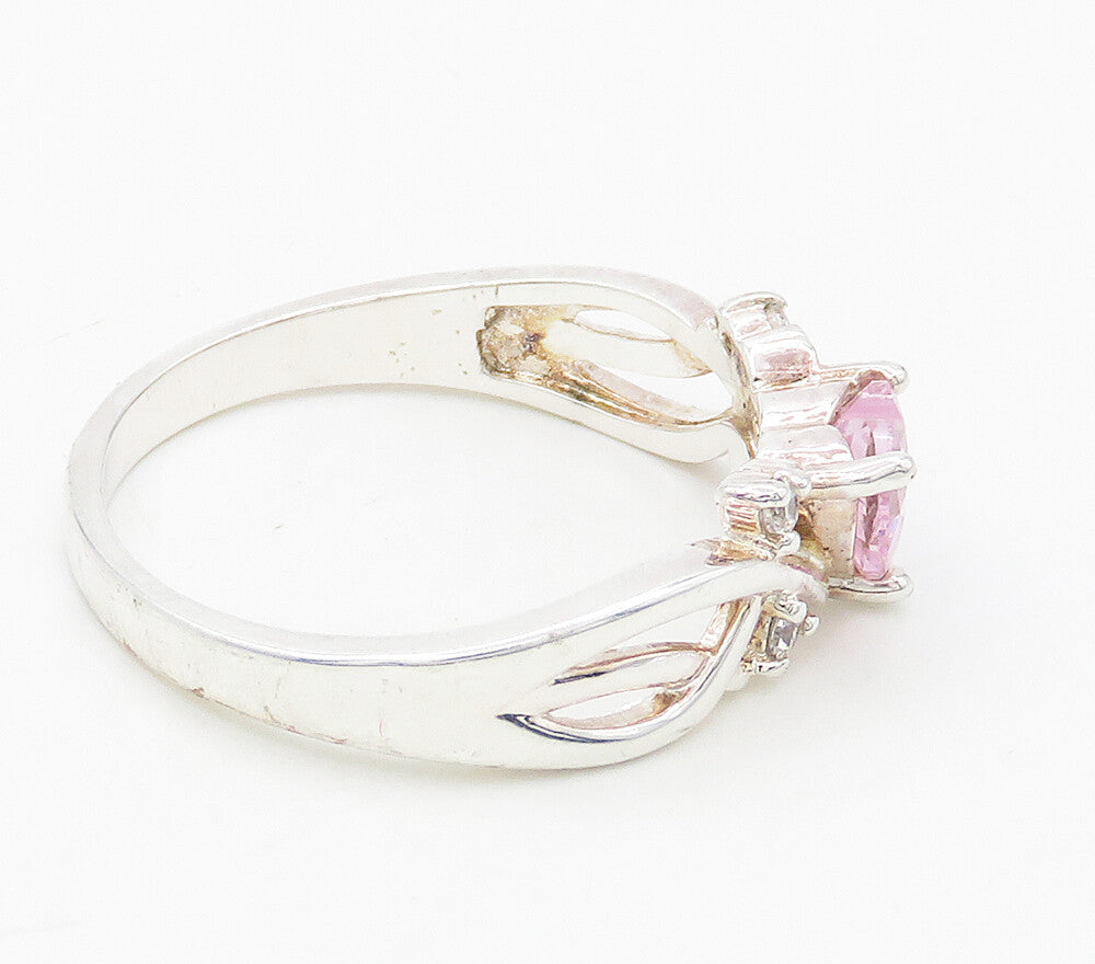 925 Sterling Silver  Pink & White Topaz Love Heart Band Ring Sz 10  RG15898