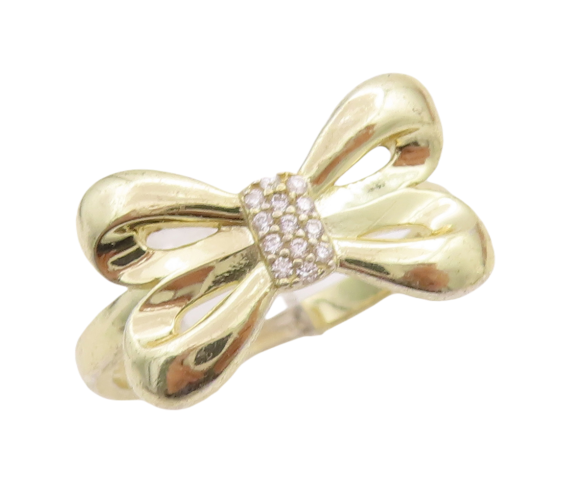 925 Sterling Silver Vintage Ring Gold Plated Cutout CZ Bow  Sz 8  RG28922