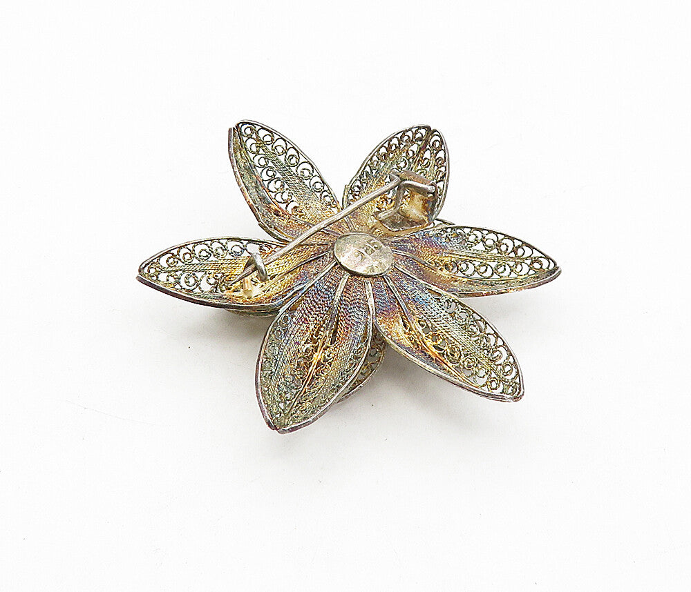 925 Sterling Silver  Vintage Antique Filigree Flower Motif Brooch Pin  BP3089