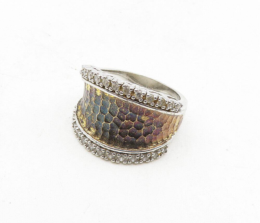 ESPO 925 Sterling Silver  Vintage Cubic Zirconia Hammered Ring Sz 6  RG9043