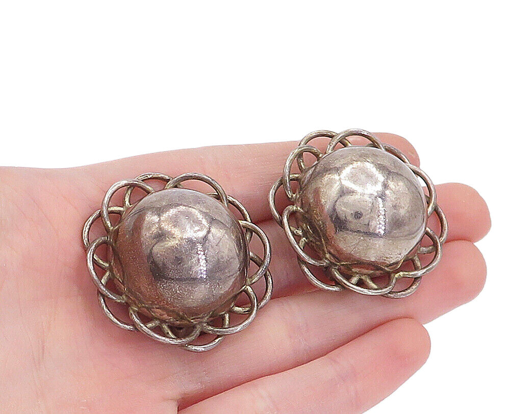 MEXICO 925 Sterling Silver  Vintage Floral Dome Non Pierce Earrings  EG2801