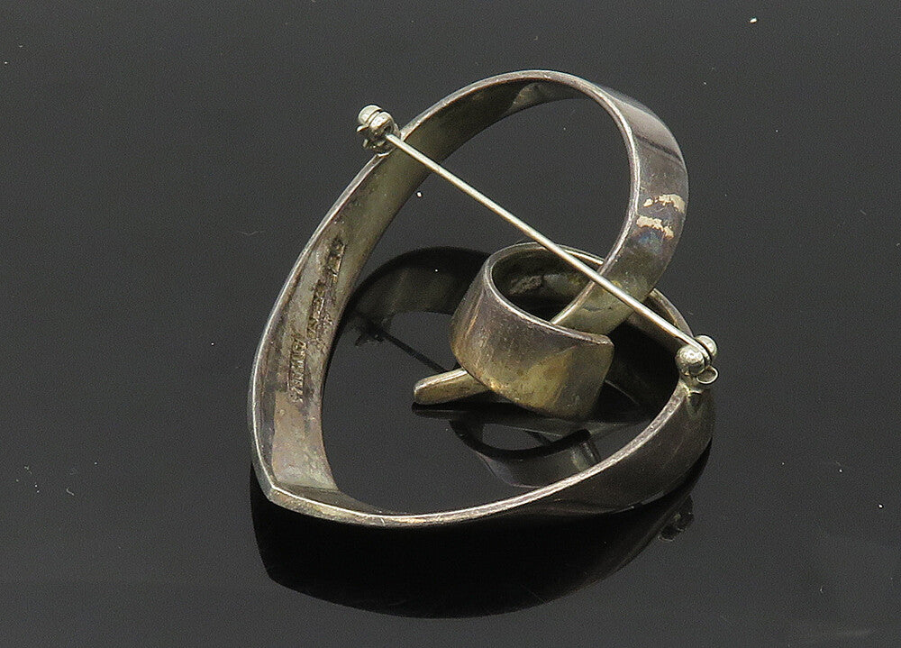 SIERRA MEXICO 925 Silver  Vintage Heavy Ribbon Love Heart Brooch Pin  BP8257