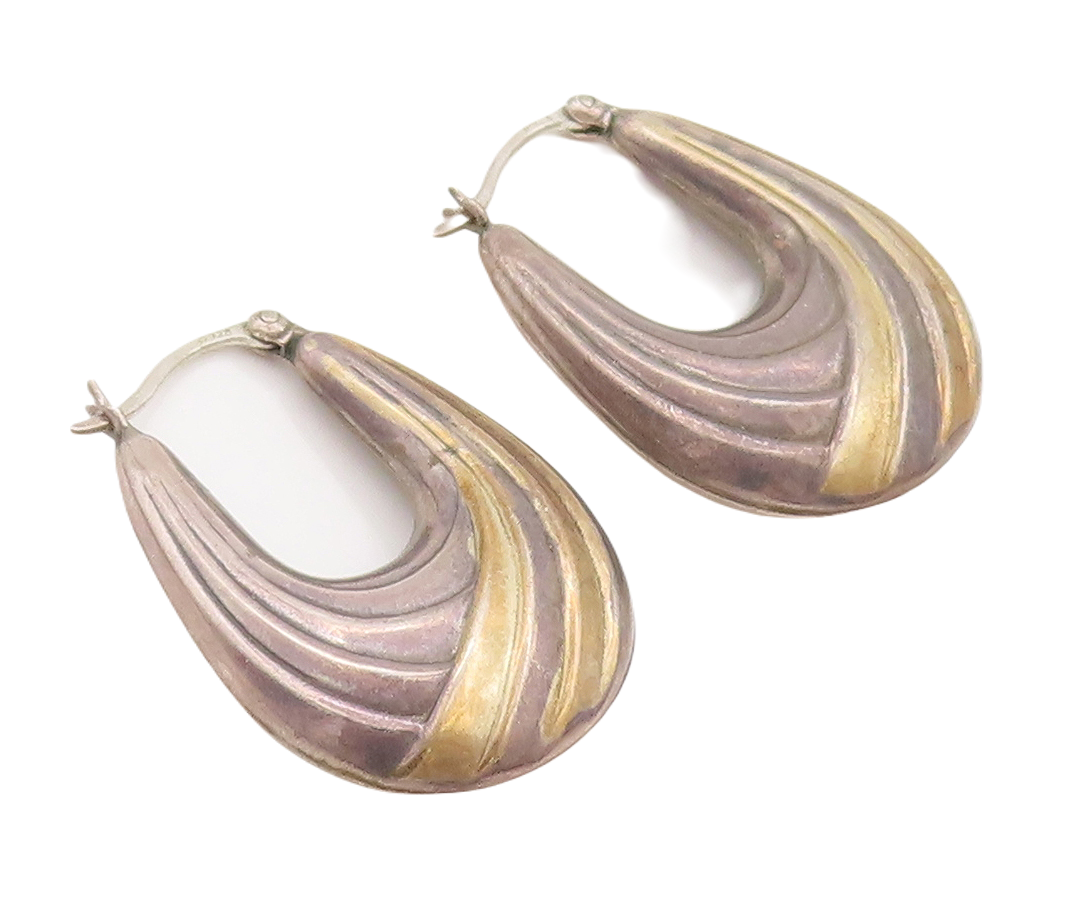 14k Gold 925 Sterling Silver Vintage Earrings Modernist Grooved U Hoop  EG13123