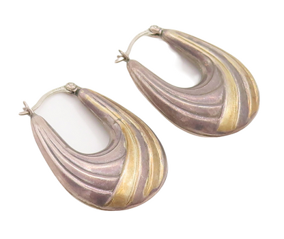 14k Gold 925 Sterling Silver Vintage Earrings Modernist Grooved U Hoop  EG13123
