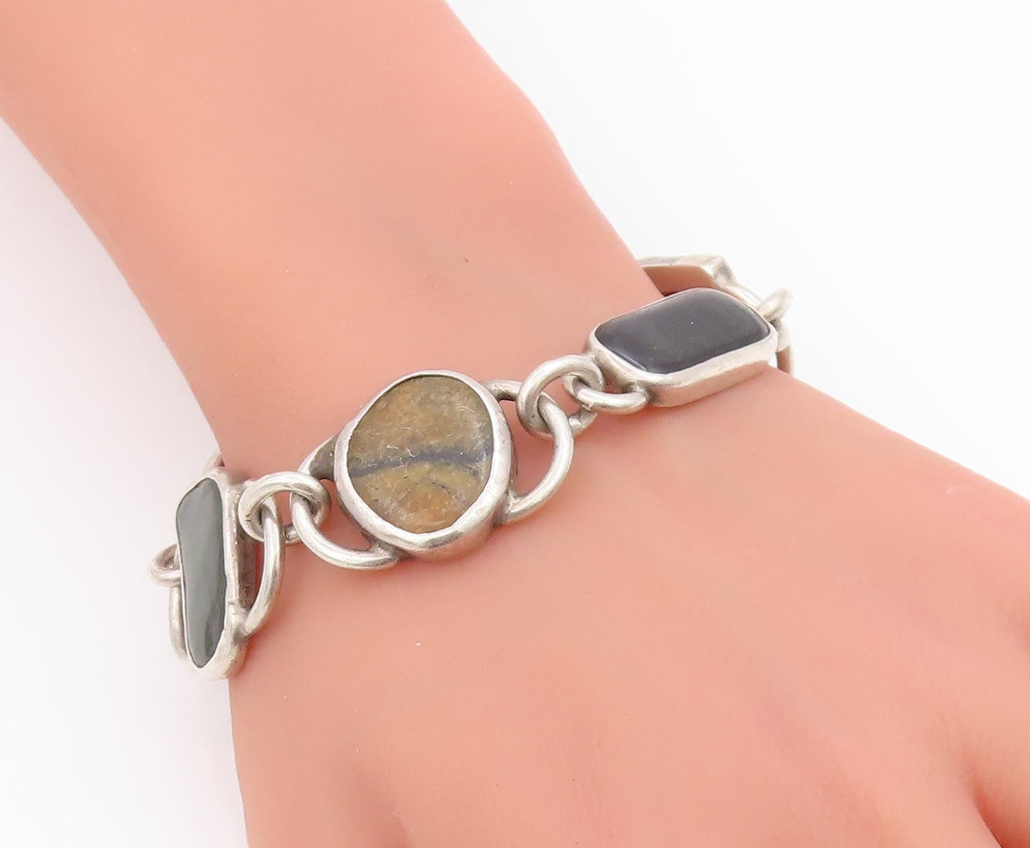 925 Sterling Silver Vintage Bracelet Chunky Multi Gemstone Solid Link  BT11709