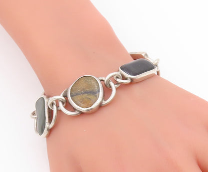 925 Sterling Silver Vintage Bracelet Chunky Multi Gemstone Solid Link  BT11709
