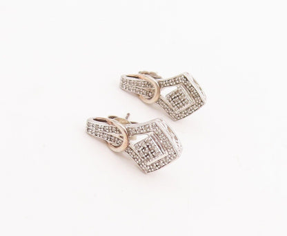 925 Sterling Silver Vintage Earrings Solid Design Cutout Diamonds Inlay  EG13059