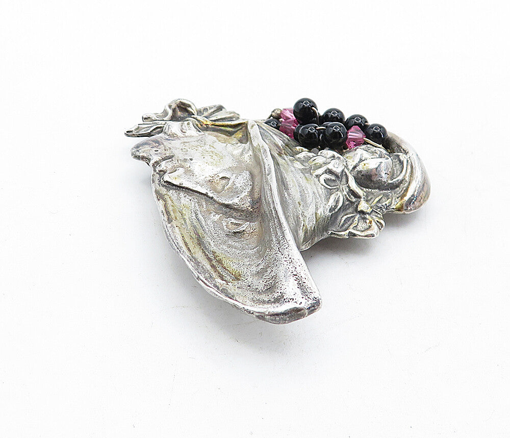 925 Sterling Silver  Vintage Topaz & Black Onyx Beads Woman Brooch Pin  BP2003