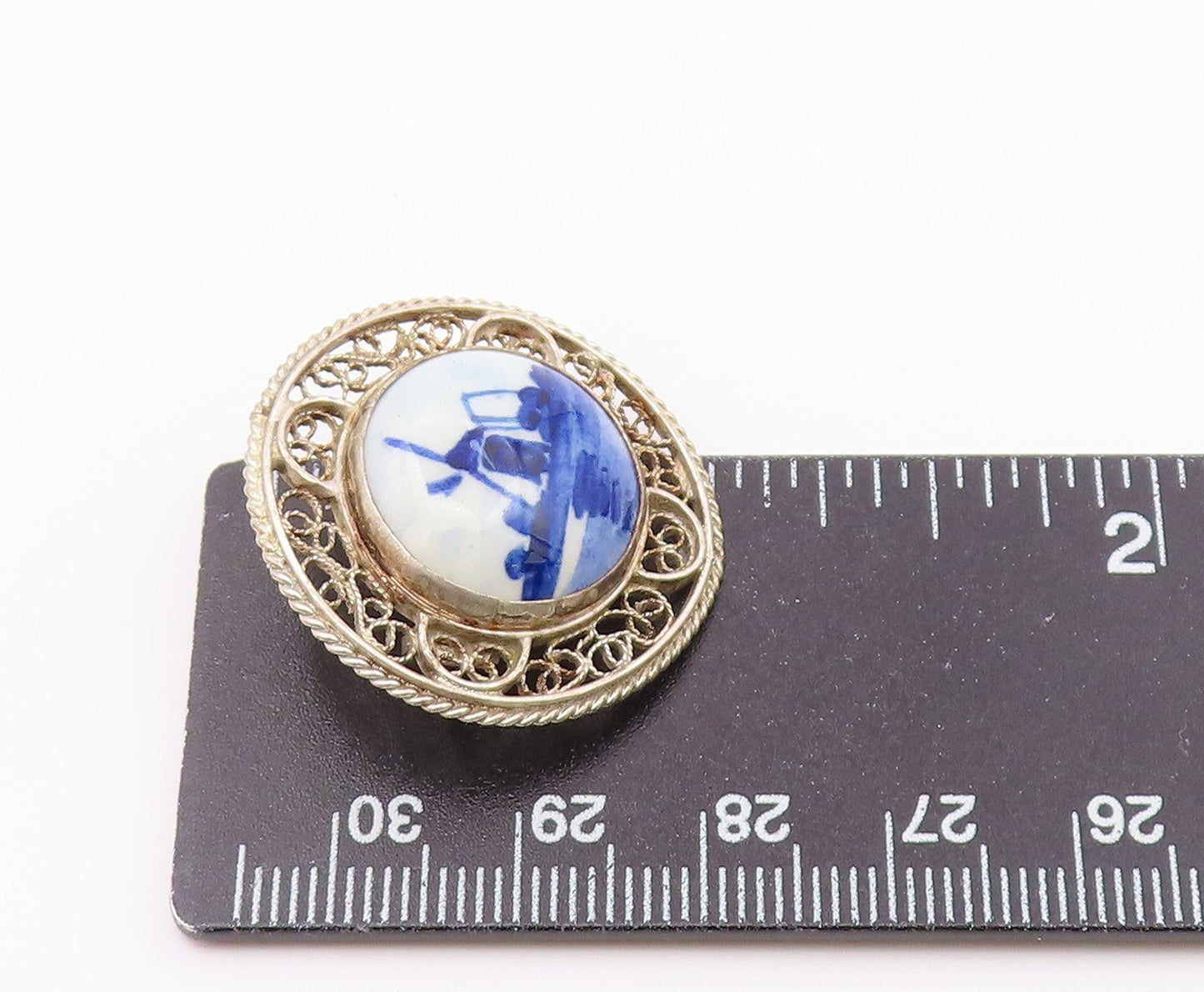 925 Sterling Silver  Vintage Enamel Windmill Scene Swirl Brooch Pin  BP8942