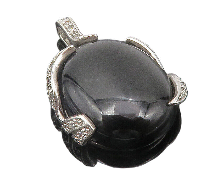 925 Sterling Silver  Cabochon Cut Black Onyx & Topaz Oval Pendant  PT9662