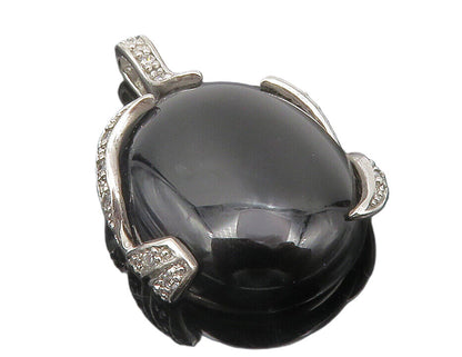 925 Sterling Silver  Cabochon Cut Black Onyx & Topaz Oval Pendant  PT9662