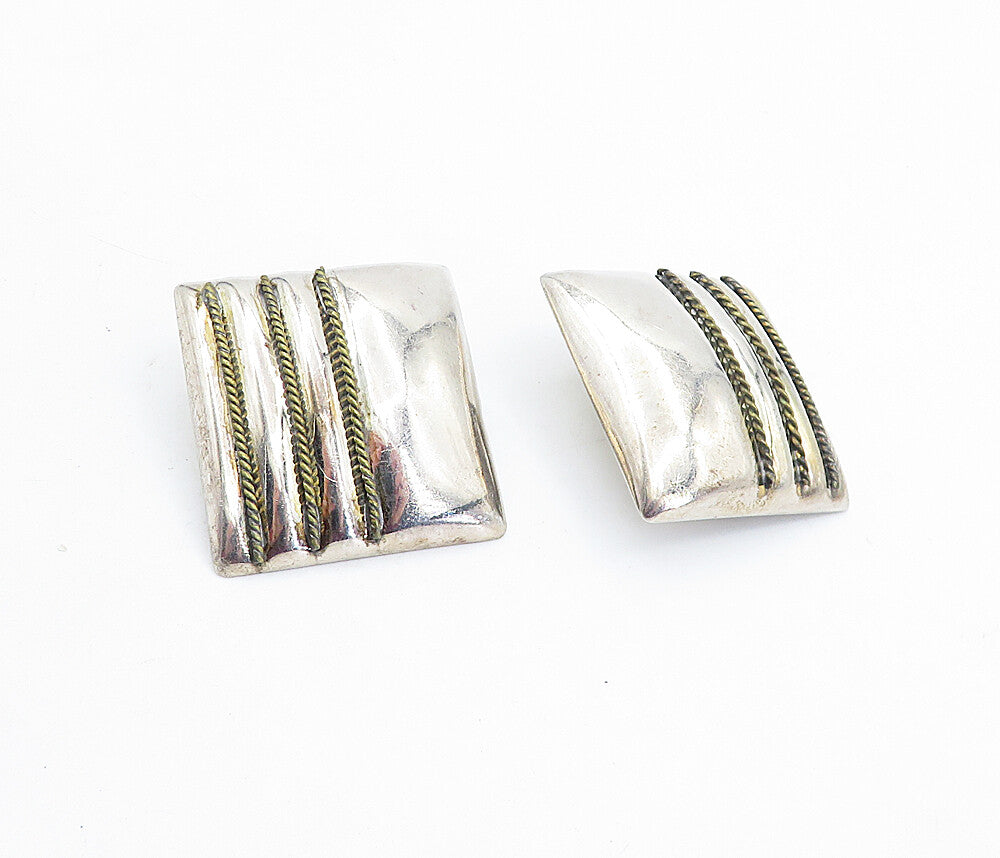 MEXICO 925 Silver  Vintage Two Tone Rope Twist Non Pierce Earrings  EG2874