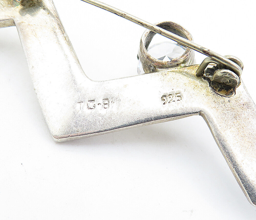 925 Sterling Silver Vintage Cubic Zirconia Zig Zag Design Brooch Pin BP2341