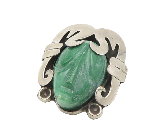 GPA MEXICO 925 Sterling Silver  Vintage Face Carved Jade Brooch Pin  BP7192