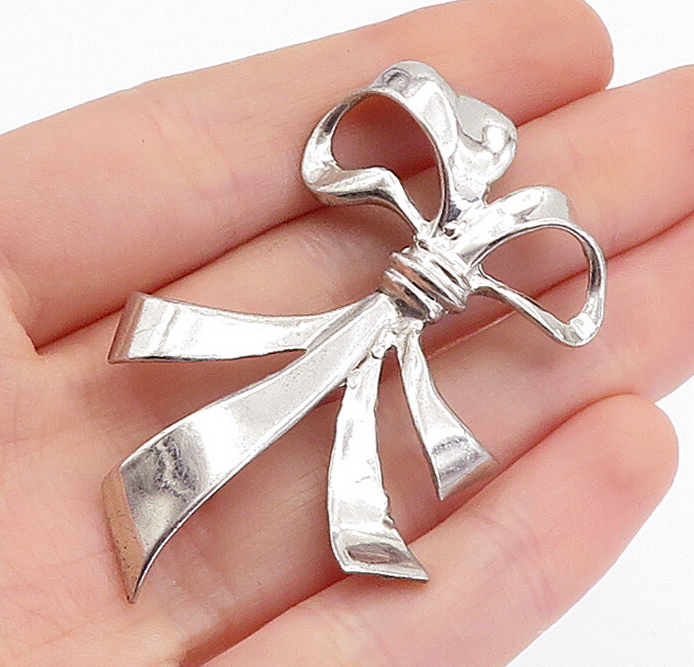 925 Sterling Silver  Vintage Polished Bow Tied Ribbon Brooch Pin  BP1720