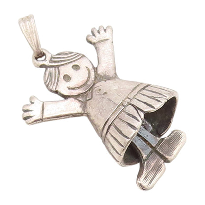 925 Sterling Silver Vintage Pendant Dark Tone Happy Girl Moving Legs  PT23912