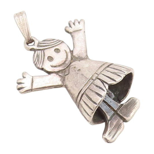 925 Sterling Silver Vintage Pendant Dark Tone Happy Girl Moving Legs  PT23912