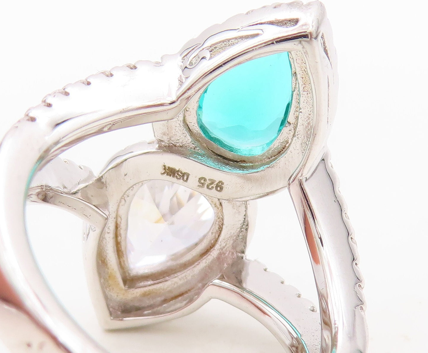 925 Sterling Silver Vintage Ring Designer Drop Sea Green & White CZ Sz 7 RG30410