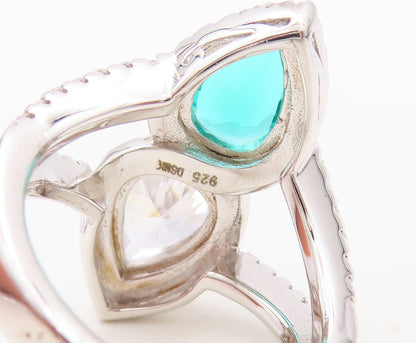 925 Sterling Silver Vintage Ring Designer Drop Sea Green & White CZ Sz 7 RG30410