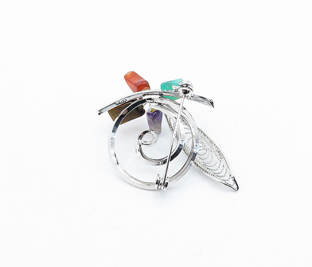 JAPAN 925 Silver  Tiger's Eye Amethyst Agate & Carnelian Brooch Pin  BP1186