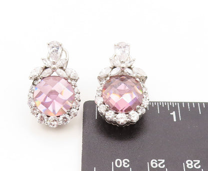 925 Sterling Silver Vintage Earrings Round Pink & White CZ Floral Design EG13396