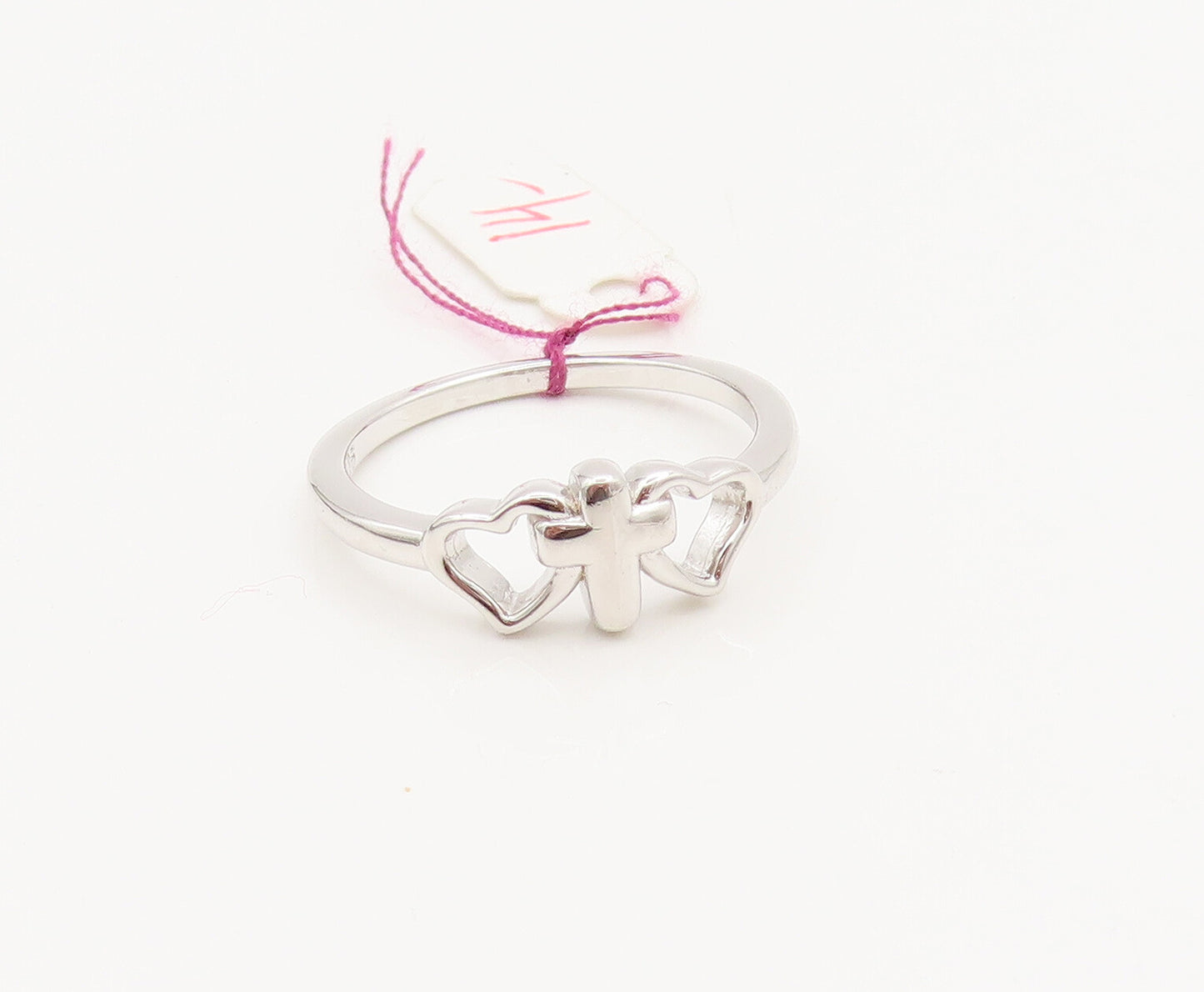 925 Sterling Silver  Vintage Cutout Cross Between 2 Hearts Ring Sz 8  RG26907