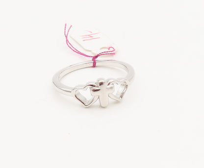925 Sterling Silver  Vintage Cutout Cross Between 2 Hearts Ring Sz 8  RG26907