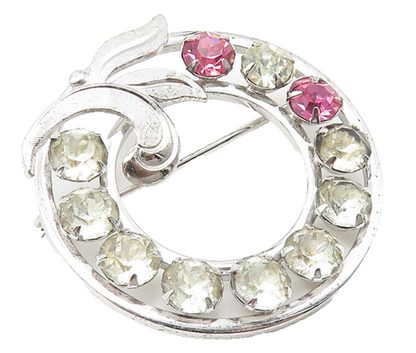 925 Sterling Silver  Vintage  Pink & White Topaz Floral Brooch Pin  BP4263