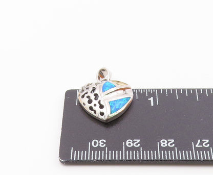 925 Sterling Silver  Vintage Inlaid Blue Fire Opal Love Heart Pendant  PT16276