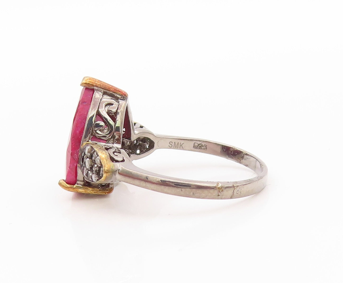 925 Sterling Silver Vintage Ring Diamonds & Drop Cut Red Gemstone  Sz 7  RG30299