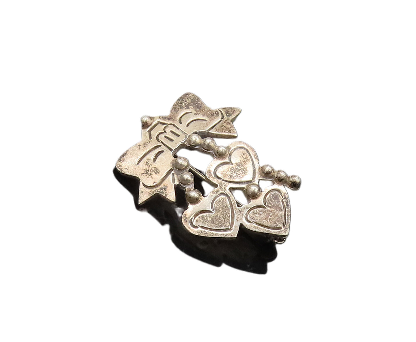 925 Sterling Silver Vintage Brooch Pin MEXICO Bow Dangling Beaded Hearts BP10533