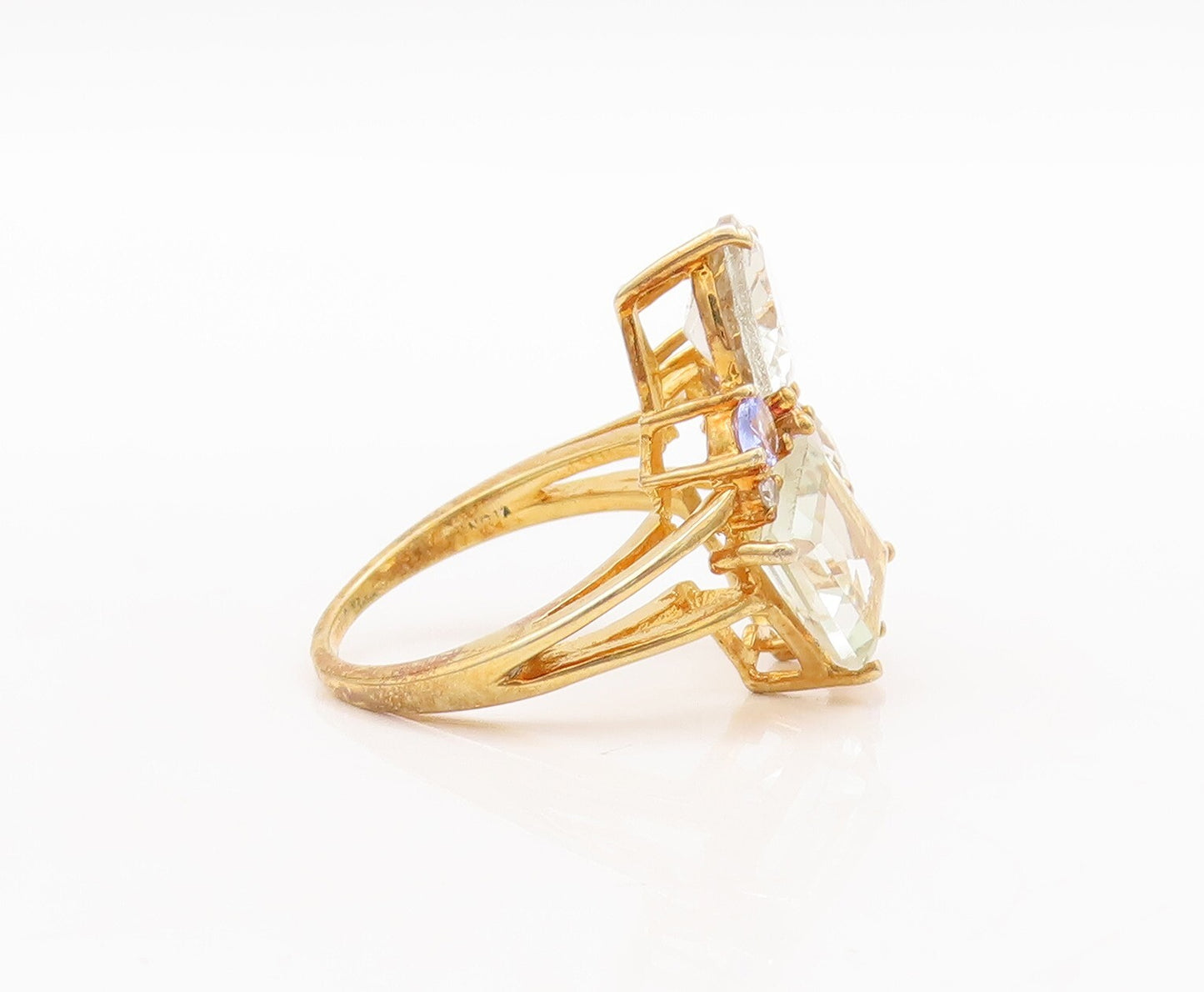 925 Sterling Silver Vintage Ring Gold Plated Brutalist Gemstones  Sz 8  RG29680