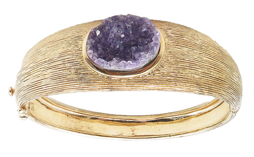 925 Sterling Silver  Vintage Amethyst Textured Hinge Bangle Bracelet  BT4331