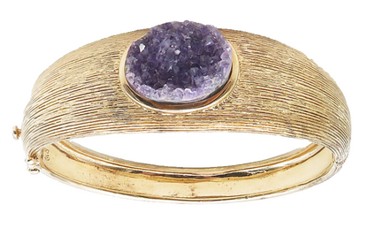 925 Sterling Silver  Vintage Amethyst Textured Hinge Bangle Bracelet  BT4331