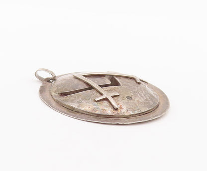 925 Sterling Silver Vintage Pendant Ancient Carved Round Warrior buckler PT22655