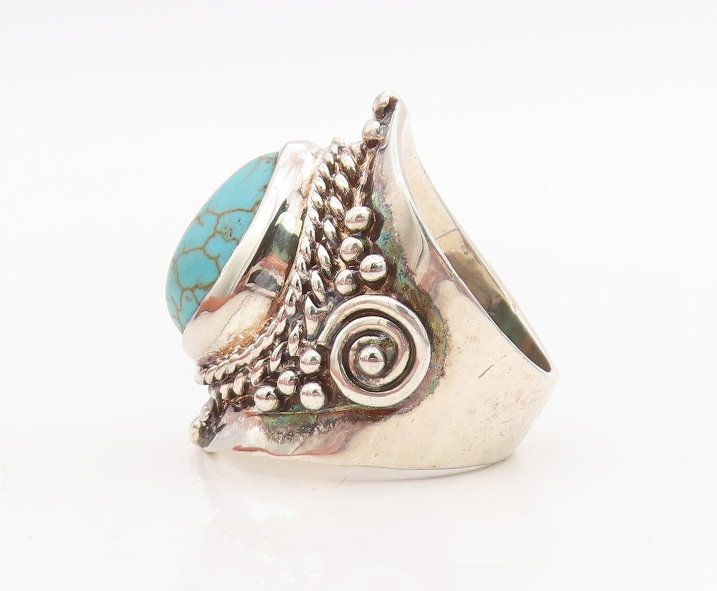 925 Sterling Silver Vintage Ring Carved Drop Shape Turquoise  Sz 9  RG31734