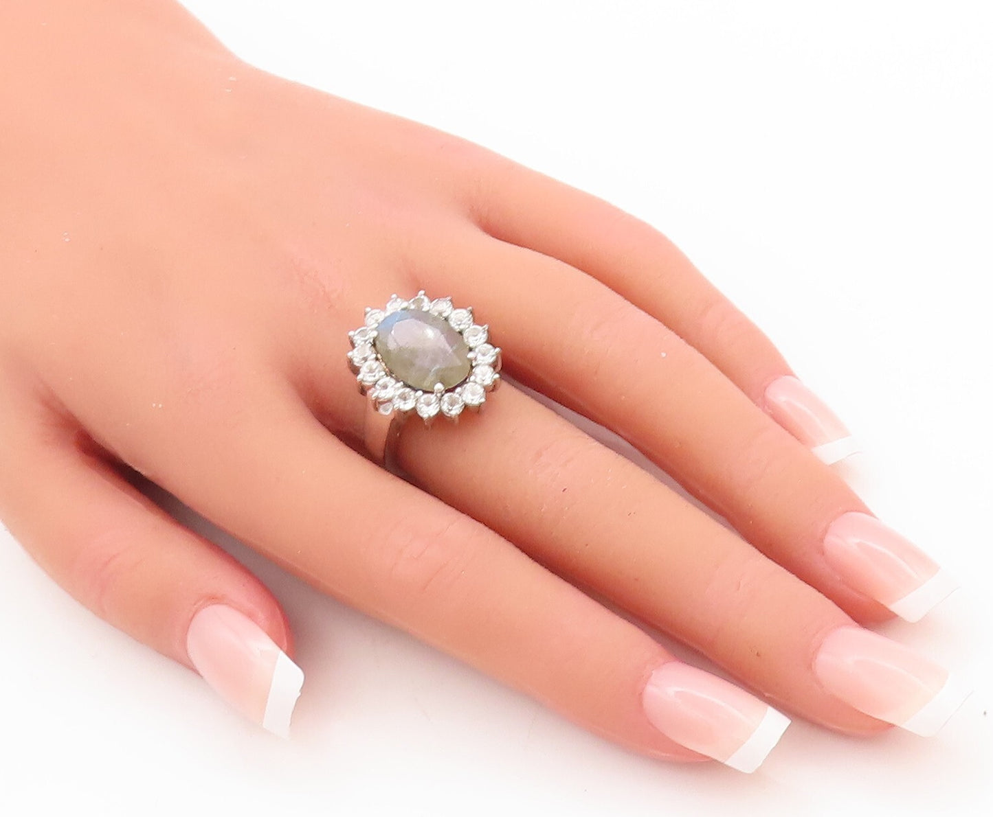 925 Sterling Silver Vintage Ring Oval Cut Gemstone Halo Topaz  Sz 7  RG29850