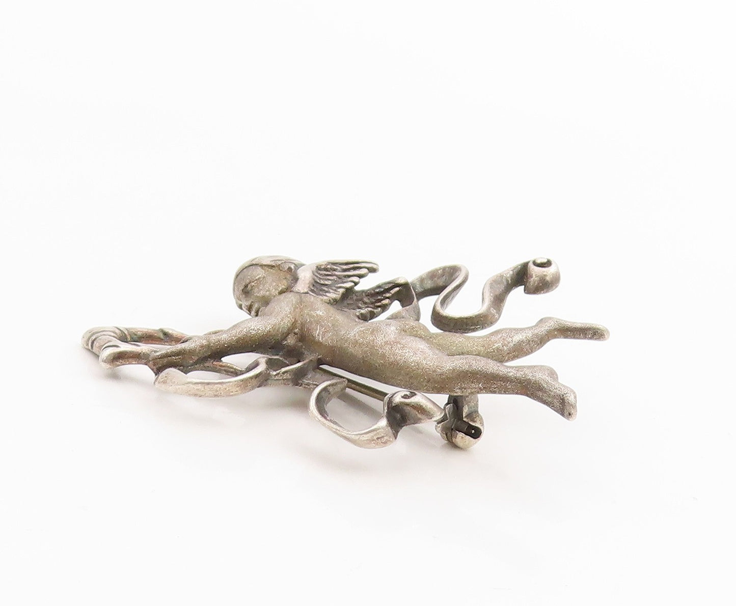 925 Sterling Silver Vintage Brooch Winged Cherub With Swirling Ribbons   BP11984