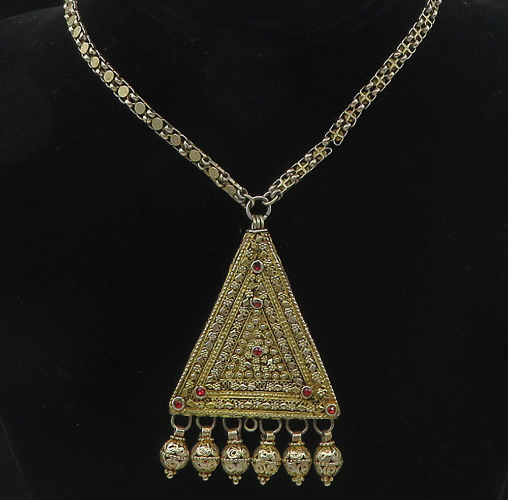 MIDDLE EASTERN 925 Silver  Vintage Red Topaz Floral Chain Necklace  NE1974