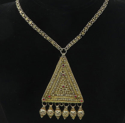 MIDDLE EASTERN 925 Silver  Vintage Red Topaz Floral Chain Necklace  NE1974