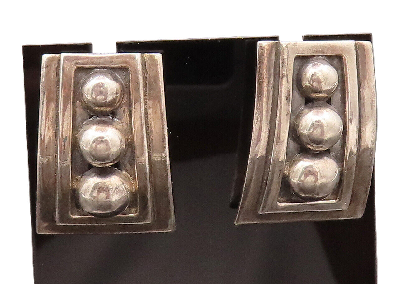 MEXICO 925 Sterling Silver Vintage Carved Rectangular Beaded Earrings  EG12474