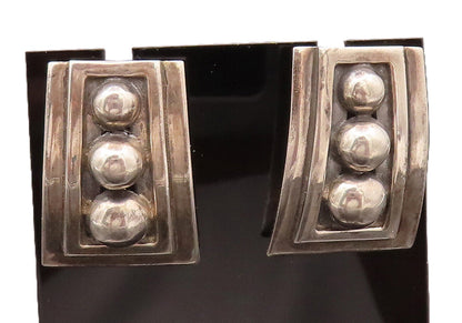 MEXICO 925 Sterling Silver Vintage Carved Rectangular Beaded Earrings  EG12474