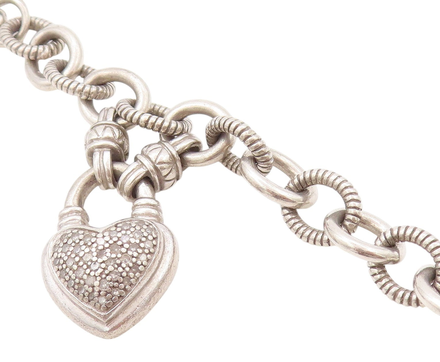 925 Sterling Silver Vintage Bracelet Roped Rings Dangling Diamonds Heart BT11250